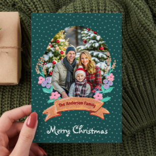 Festive Floral Wreath Green Photo Christmas Holiday Card