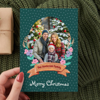 Festive Floral Wreath Green Photo Christmas Holiday Card