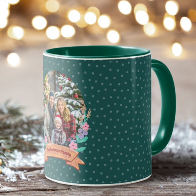 Festive Floral Wreath Green Photo Christmas Mug (Creator Uploaded)