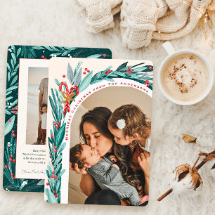 Festive Foliage Candy Cane Cream 2 Photo Christmas Holiday Card