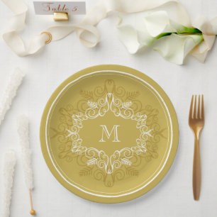 Festive Foliage Deco Frame Monogram Classy Holiday Paper Plate