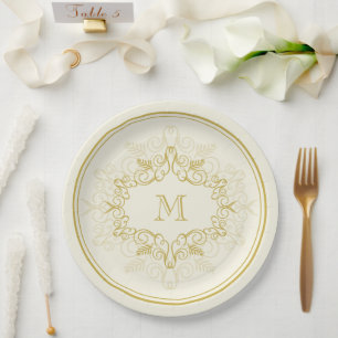 Festive Foliage Deco Frame Monogram Classy Holiday Paper Plate