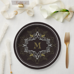Festive Foliage Deco Frame Monogram Classy Holiday Paper Plate