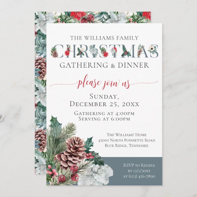 Festive Foliage Family Christmas Dinner Invitation (Front/Back)