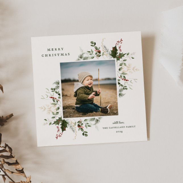 Festive Foliage Flat Holiday Photo Card (Creator Uploaded)