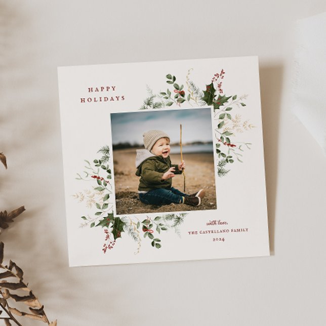 Festive Foliage Flat Holiday Photo Card (Creator Uploaded)