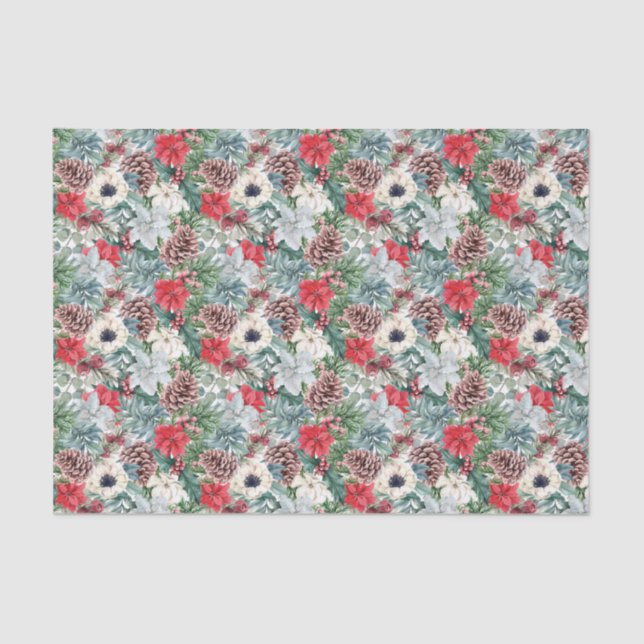 Festive Foliage Floral Christmas Holiday Pattern Tissue Paper (Front)