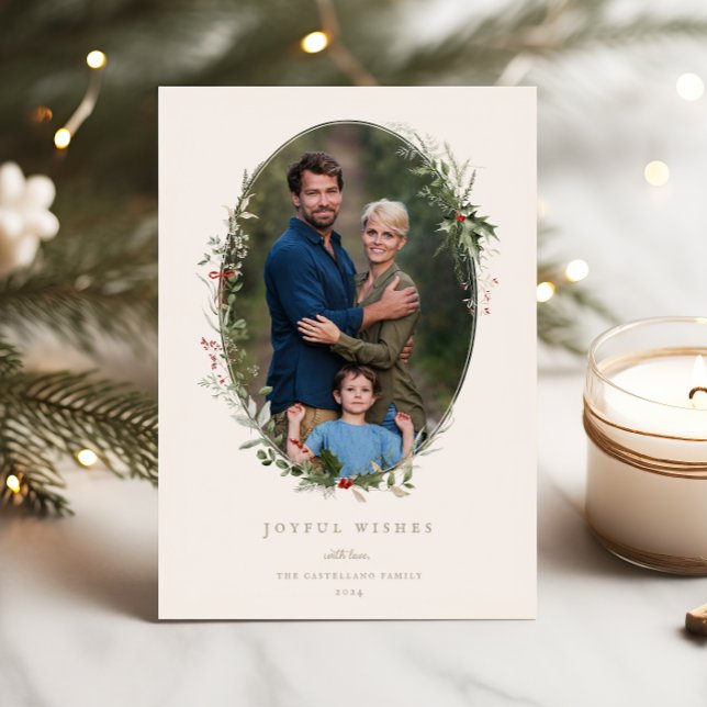 Festive Foliage Frame Flat Holiday Photo Card (Creator Uploaded)