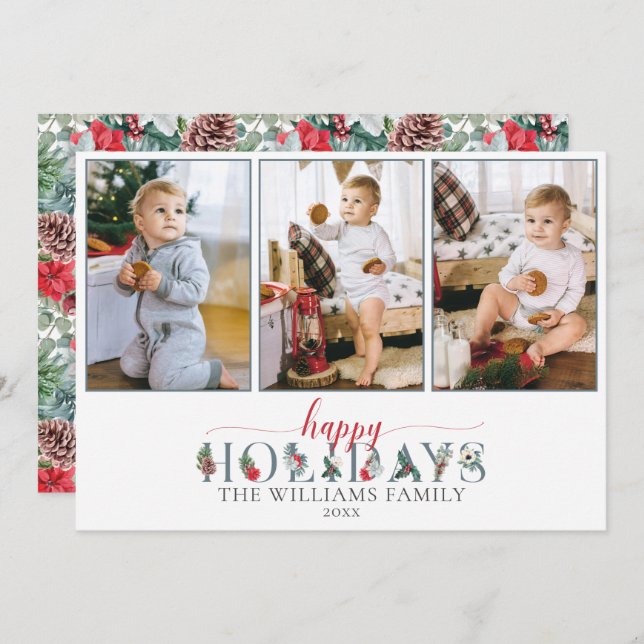 Festive Foliage Happy Holidays Floral 3-Photo Card (Front/Back)