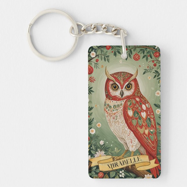 Festive Foliage Owl Personalized Key Ring (Front)