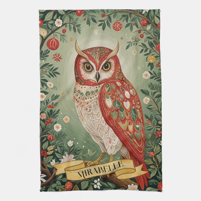 Festive Foliage Owl Personalized Tea Towel (Vertical)