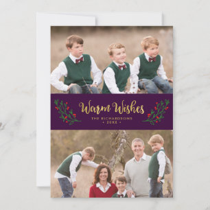 Festive Foliage Warm Wishes Purple Holiday Photo Card