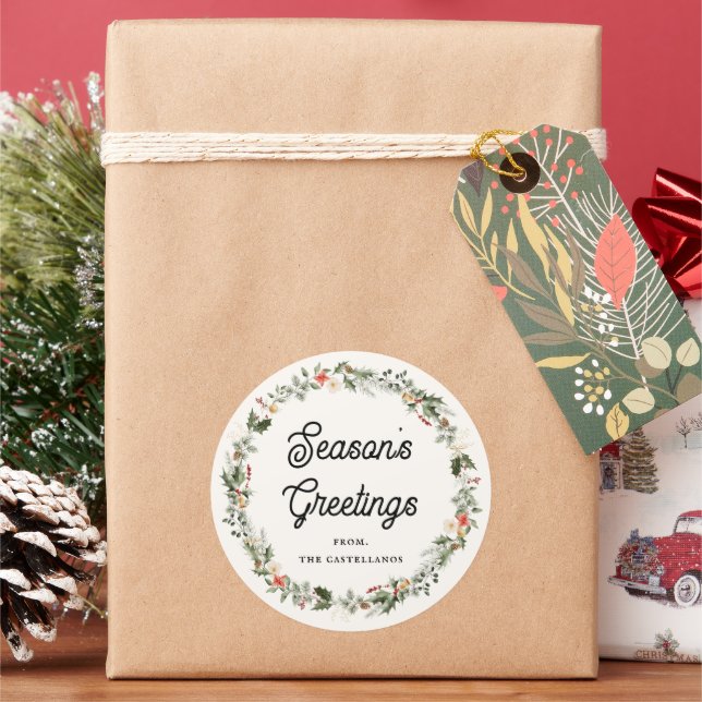 Festive Foliage Wreath Holiday Classic Round Sticker (Holiday)