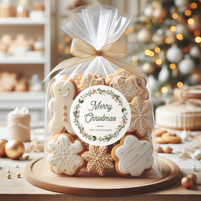 Festive Foliage Wreath Holiday Classic Round Sticker (Creator Uploaded)