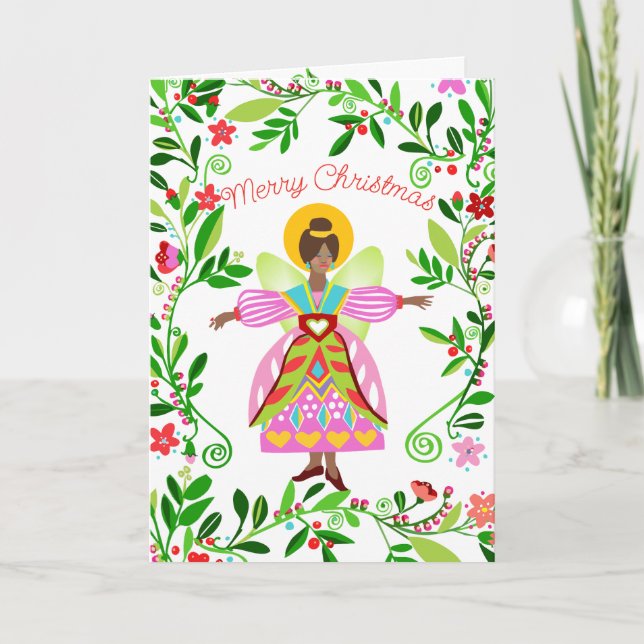 Festive Folk Angel African American Christmas Card (Front)