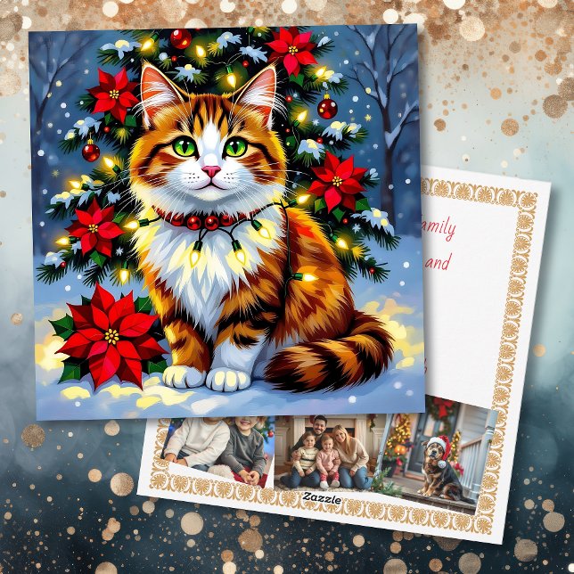Festive Folk Art Cat with Family Photos Custom Holiday Card (Creator Uploaded)