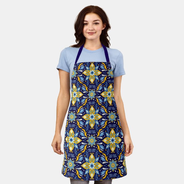 Festive Folk Art Tile Pattern All Over Print Apron (Worn)