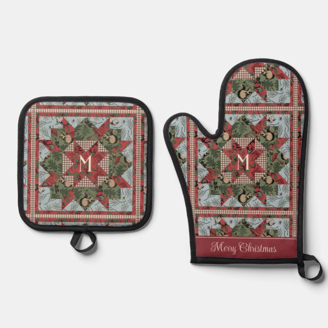 Festive Forest Animals Patchwork Monogrammed Oven Mitt & Pot Holder Set (Front)