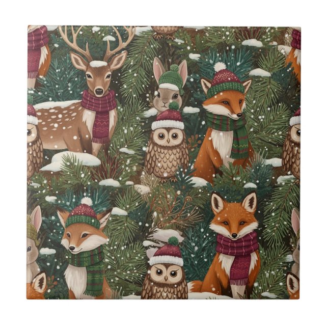 Festive Forest Creatures in Green Ceramic Tile (Front)