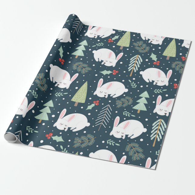 Festive Forest Friends | Christmas Rabbit & Trees Wrapping Paper (Unrolled)