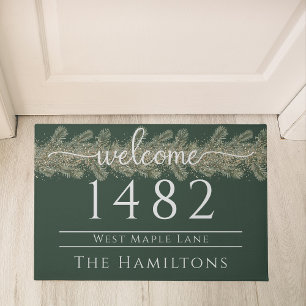 Festive forest green family name custom address  doormat