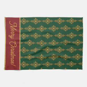 Festive Forest Green Gold Red Personalised Tea Towel