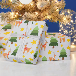 Festive Forest Reindeers Christmas Tree and Stars Wrapping Paper