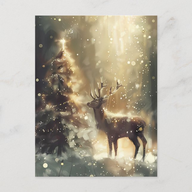 Festive Forest Scene with Deer Christmas Greeting Postcard (Front)