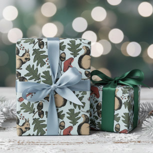 Festive Forest Squirrels, Acorns & Mushrooms Blue Wrapping Paper