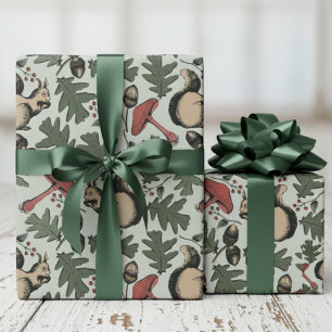 Festive Forest Squirrels, Acorns & Mushrooms Green Wrapping Paper