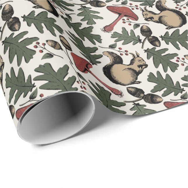 Festive Forest Squirrels, Acorns & Mushrooms Ivory Wrapping Paper (Roll Corner)