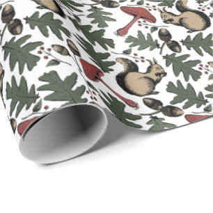 Festive Forest Squirrels, Acorns & Mushrooms White Wrapping Paper