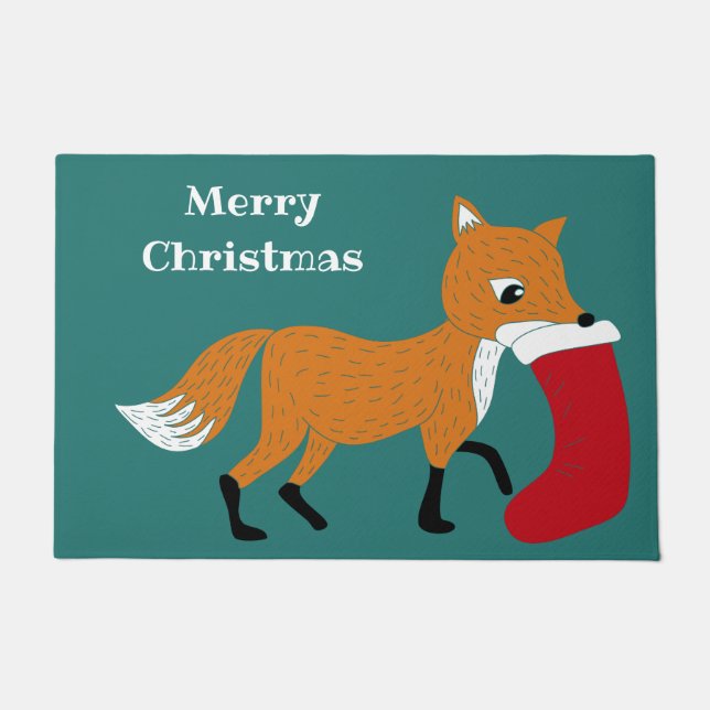 Festive Fox Carrying a Stocking Custom Christmas Doormat (Front)
