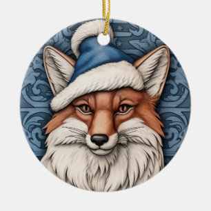 "Festive Fox in Blue Ornament" Ceramic Ornament