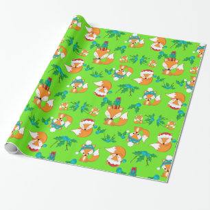 Festive Foxes and Holly Leaves on a Bright Green Wrapping Paper