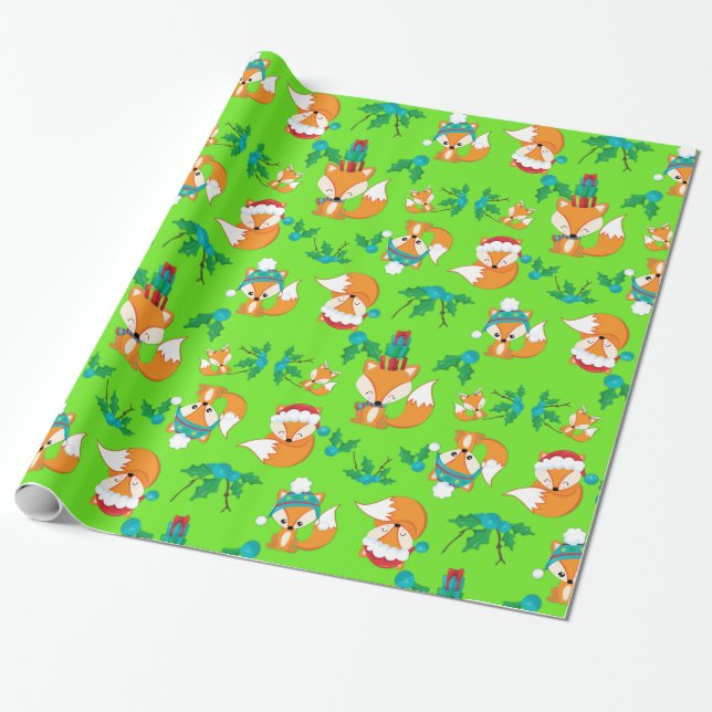 Festive Foxes and Holly Leaves on a Bright Green  Wrapping Paper (Unrolled)