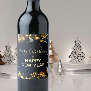 Festive Frame With Gold Stars Bokeh and Sparkles Wine Label