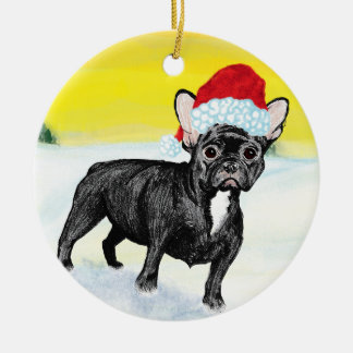 festive french bull dog ceramic ornament