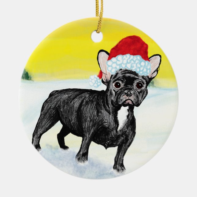 festive french bull dog ceramic ornament (Front)