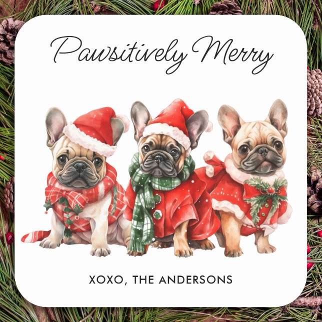 Festive French Bulldog Dogs Personalised Christmas Square Sticker (Creator Uploaded)
