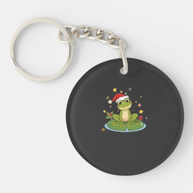 Festive Frog Joy - Cute Christmas Frog on Lily Pad Key Ring (Front)
