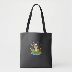 Festive Frog Joy - Cute Christmas Frog on Lily Pad Tote Bag