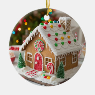 Festive Frosted Gingerbread House Ceramic Ornament