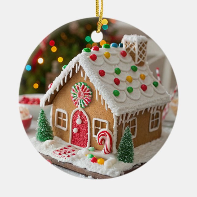 Festive Frosted Gingerbread House Ceramic Ornament (Front)