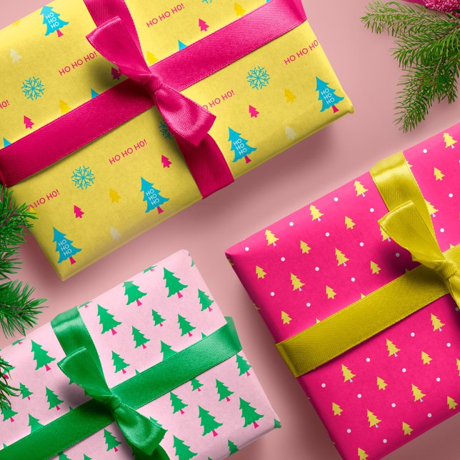 Festive & Fun Bright Neon Colourful Christmas Tree Wrapping Paper Sheet (Festive & Fun Bright Neon Colourful Christmas Tree Wrapping Paper Sheets)