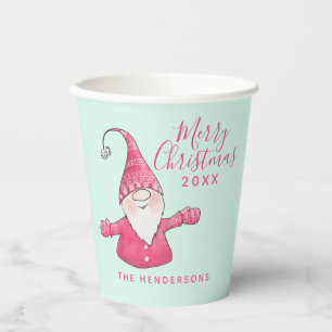 Festive Fun Gnome Pink and Mint Green Christmas Paper Cups