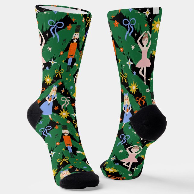 Festive Fun Nutcracker Ballet Christmas Black Socks (Angled)