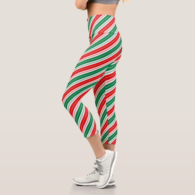 Festive Fun Peppermint Green Red Candy Cane Stripe Capri Leggings (Left)