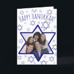 Festive Fun Star of David Photo Frame Hanukkah Holiday Card<br><div class="desc">This fun card is a wonderful way to wish your friends and family a Happy Hanukkah. Features a festive design with a Star of David that is actually a photo frame where you can upload a picture. The background features a scattering of small stars of David which resemble snowflakes. Cute...</div>