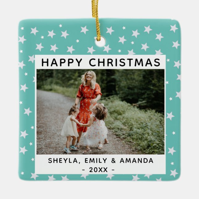 Festive Fun Turquoise Star Pattern Photo Ceramic Ornament (Front)